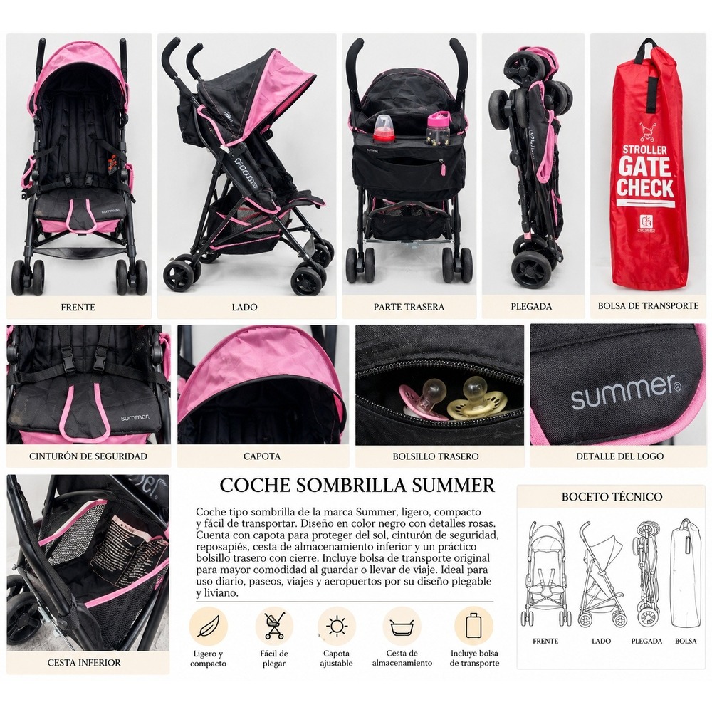 Summer Infant Umbrella Stroller Black Pink Lightweight Travel Gate Check Bag